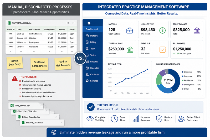 A side-by-side comparison of manual legal tracking using spreadsheets versus an integrated practice management software dashboard showing streamlined matters, billing, and trust balances.